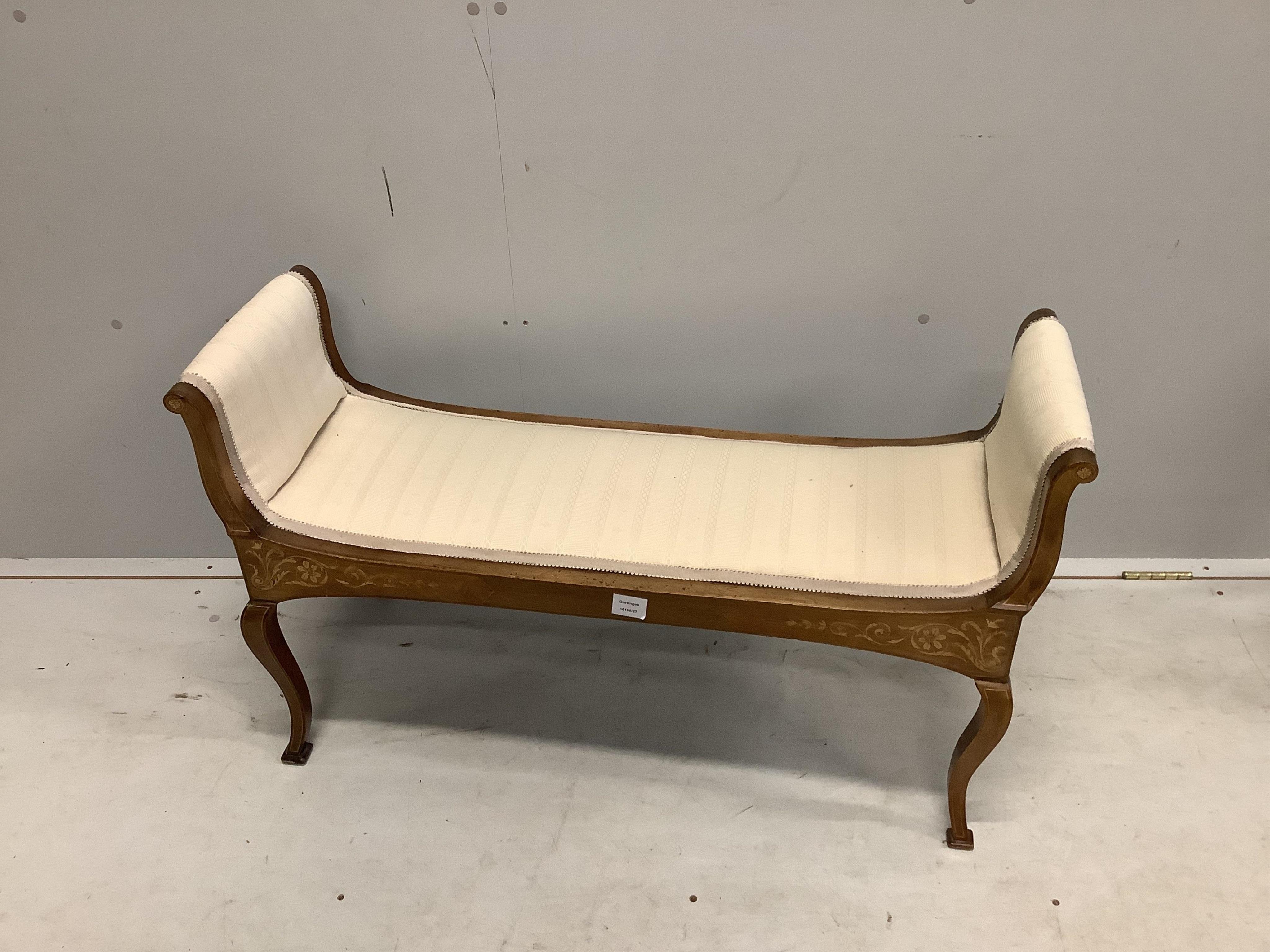 An Edwardian inlaid mahogany window seat, width 100cm, depth 39cm, height 60cm. Condition - fair